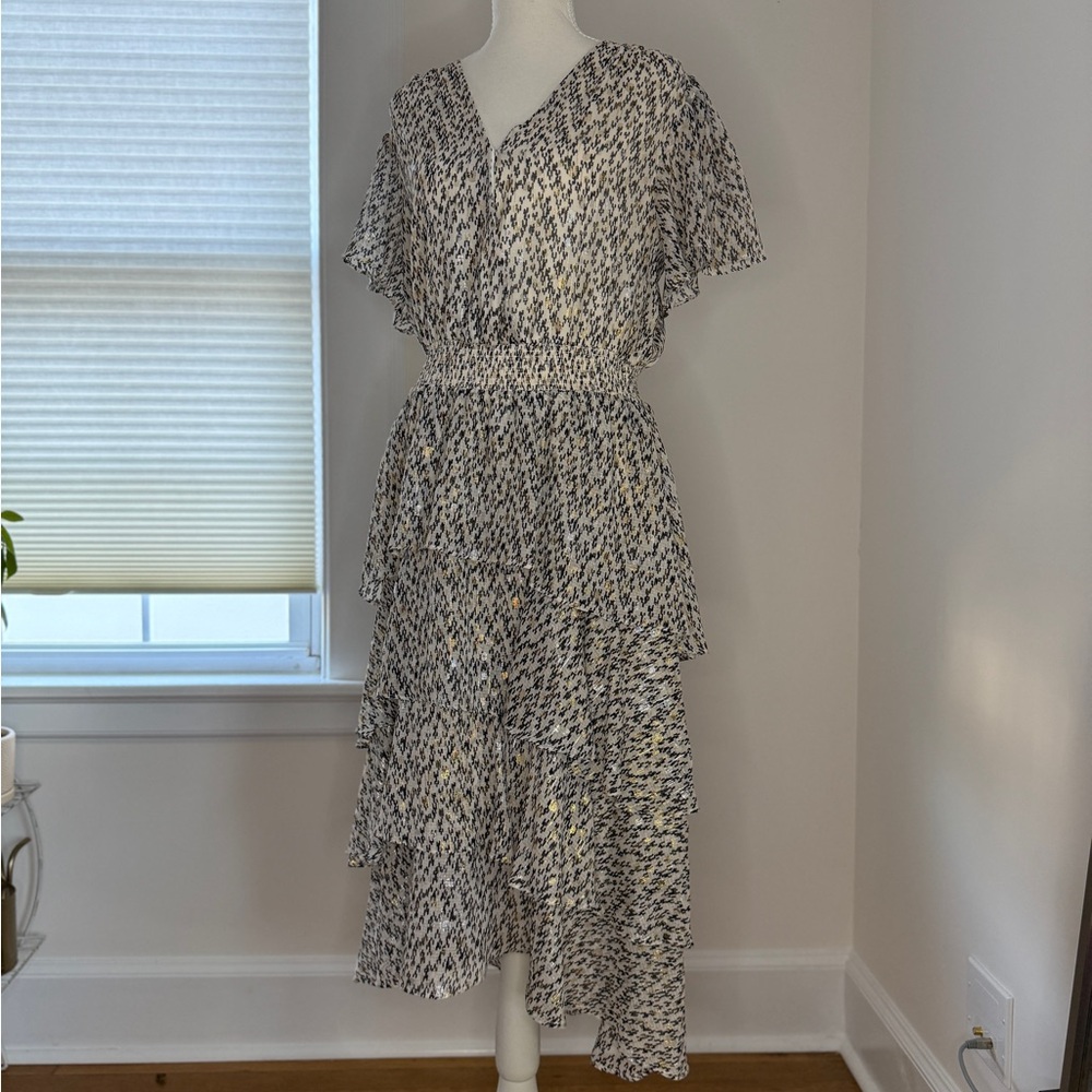 Vince Camuto Silver Gold Metallic Black Printed Tiered Midi Wrap Dress